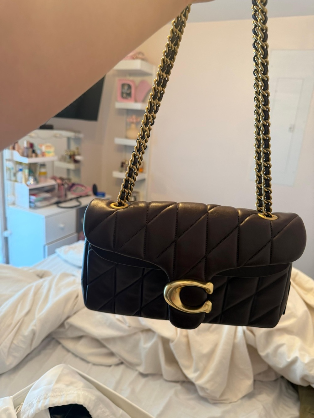 Coach tabby Quilted Dark Brown Shoulder Bag with Gold Chain